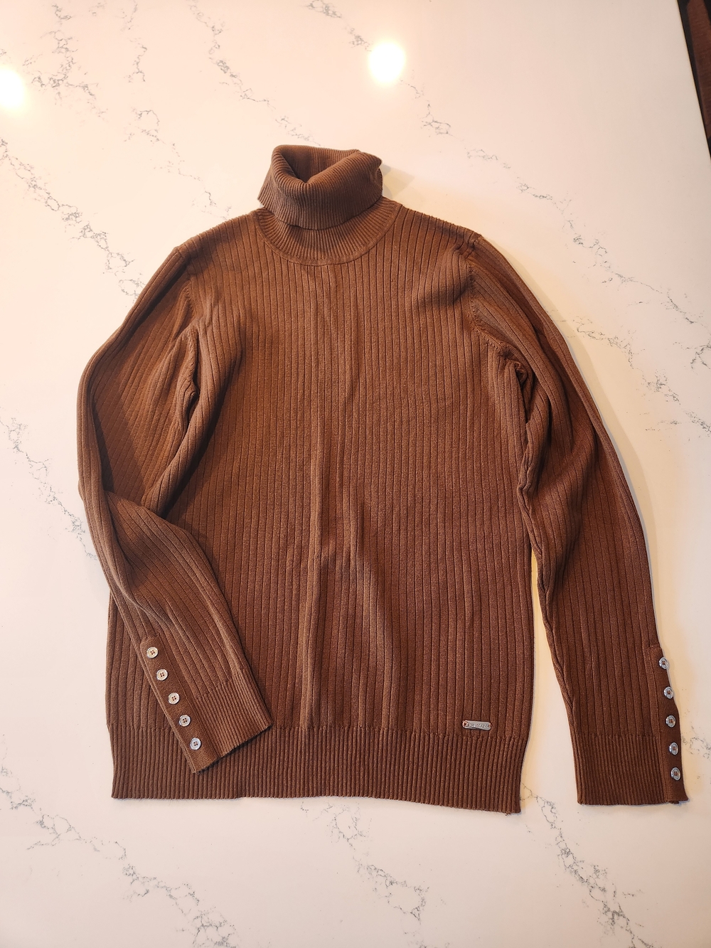 Calvin Klein Chocolate Brown Ribbed Turtleneck Sweater with Button Cuffs
